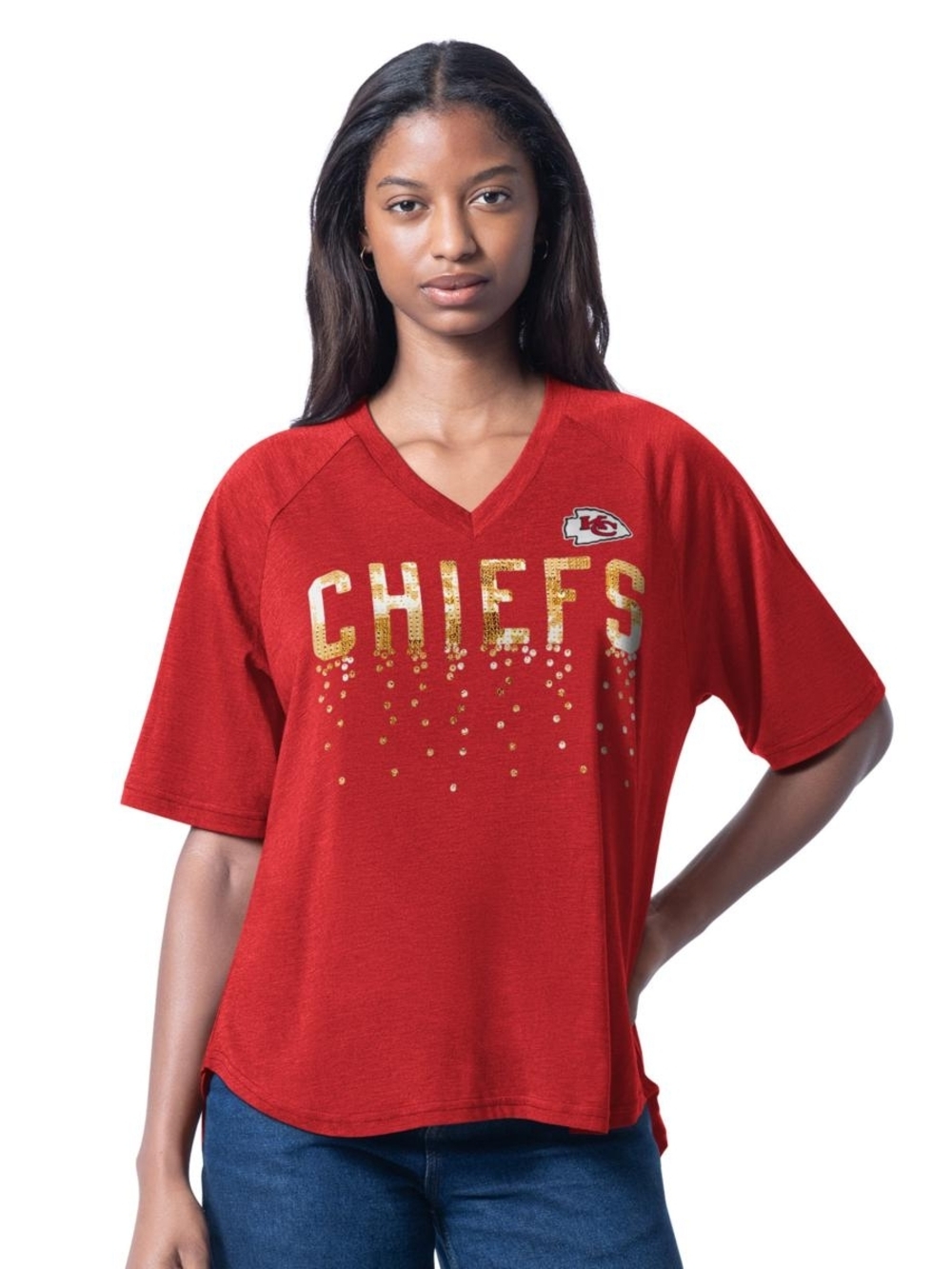 Kansas City Chiefs Red Sequin Logo V-Neck Women's Top